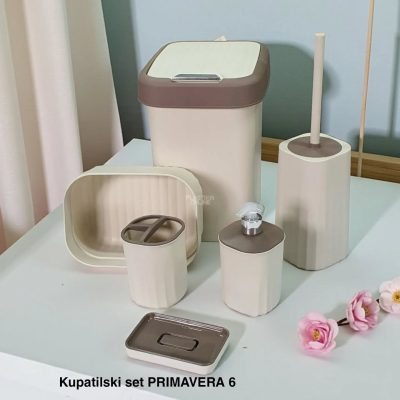 Kupatilski set Primavera 6, Dispenzer za tečni sapun, Držač četkica za zube, Podmetač za sapun,Korpica univerzalna, WC Četka za toalet, Kanta 12L sa klatnom, bež