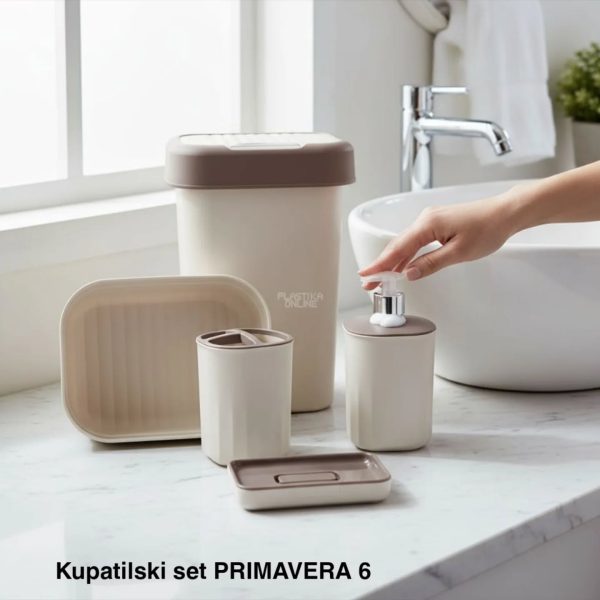 Kupatilski set Primavera 6, Dispenzer za tečni sapun, Držač četkica za zube, Podmetač za sapun,Korpica univerzalna, WC Četka za toalet, Kanta 12L sa klatnom, bež