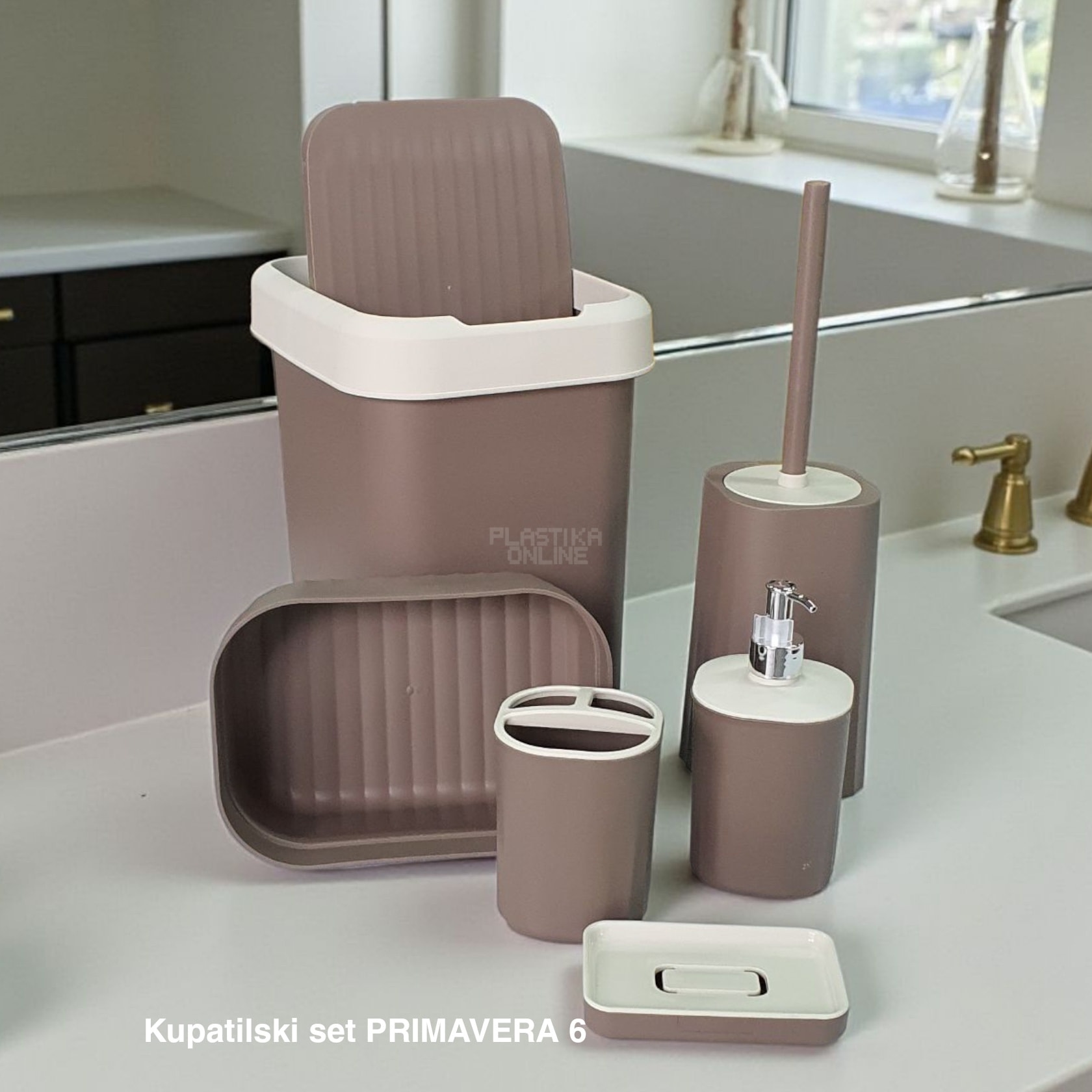 Kupatilski set Primavera 6, Dispenzer za tečni sapun, Držač četkica za zube, Podmetač za sapun,Korpica univerzalna, WC Četka za toalet, Kanta 12L sa klatnom, moka