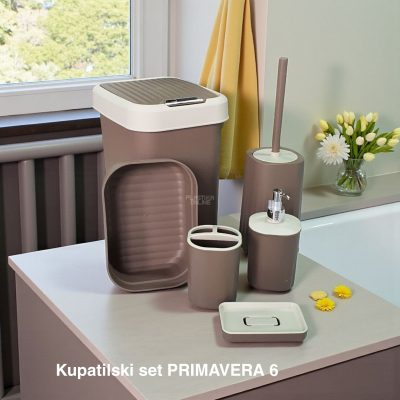 Kupatilski set Primavera 6, Dispenzer za tečni sapun, Držač četkica za zube, Podmetač za sapun,Korpica univerzalna, WC Četka za toalet, Kanta 12L sa klatnom, moka