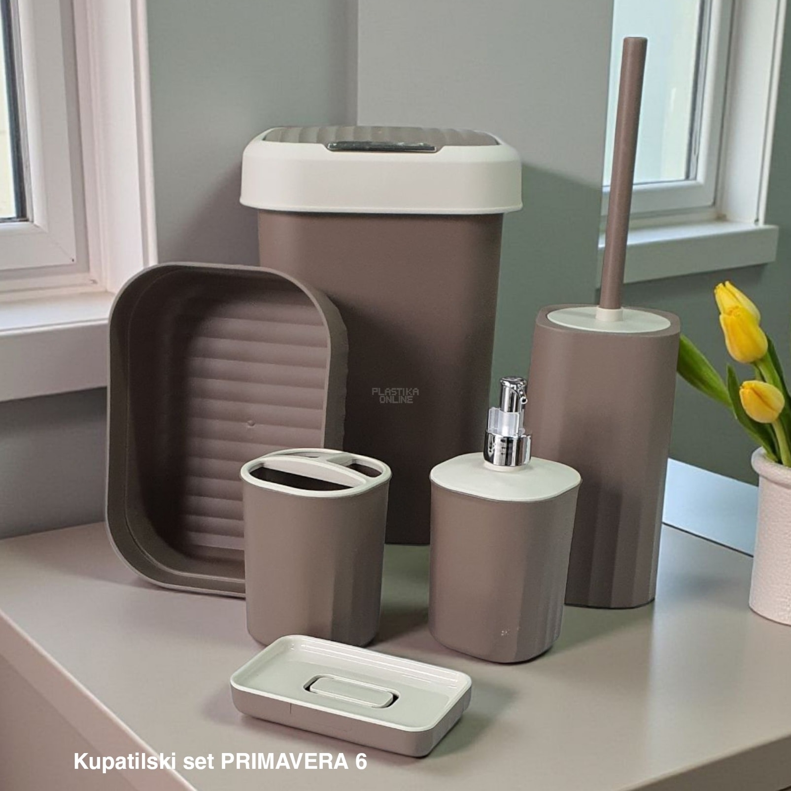 Kupatilski set Primavera 6, Dispenzer za tečni sapun, Držač četkica za zube, Podmetač za sapun,Korpica univerzalna, WC Četka za toalet, Kanta 12L sa klatnom, moka
