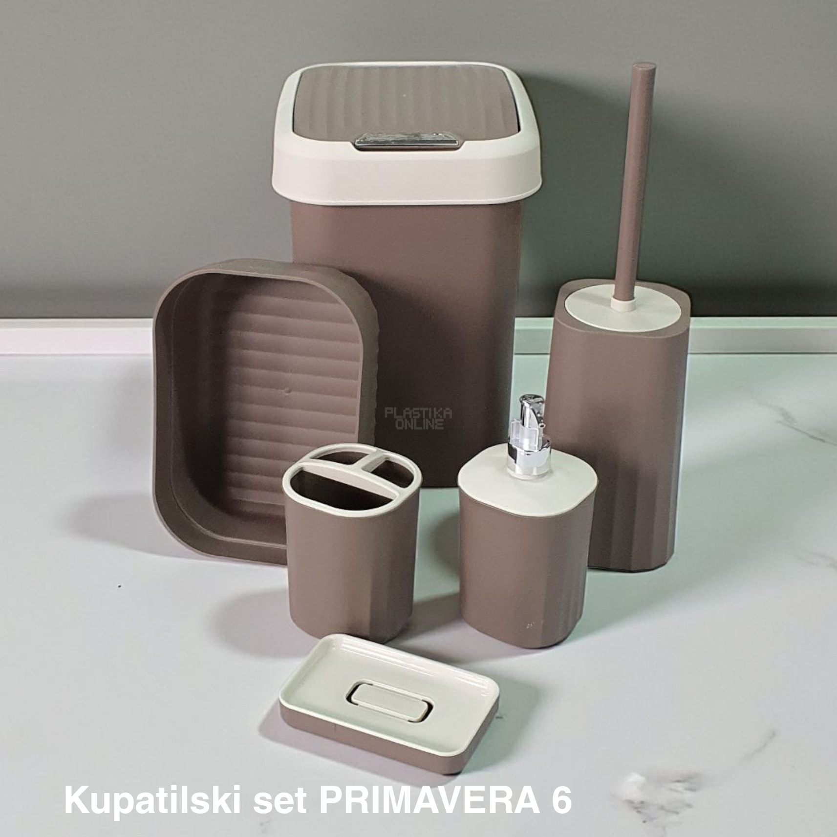 Kupatilski set Primavera 6, Dispenzer za tečni sapun, Držač četkica za zube, Podmetač za sapun,Korpica univerzalna, WC Četka za toalet, Kanta 12L sa klatnom, moka