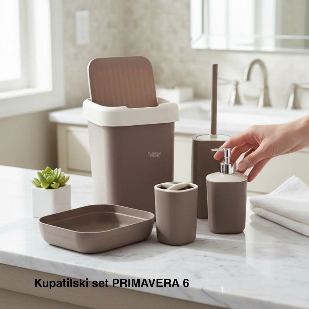 Kupatilski set Primavera 6, Dispenzer za tečni sapun, Držač četkica za zube, Podmetač za sapun,Korpica univerzalna, WC Četka za toalet, Kanta 12L sa klatnom, moka