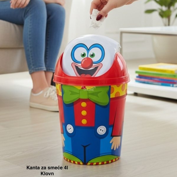 Kanta za smeće 4l , Kanta klatno dečija, Kanta za smeće za decu, Dečija kanta za smeće sa klatnom, Vesela kanta za decu, Kanta za odlaganje otpada, Praktična dečija kanta za smeće klovn