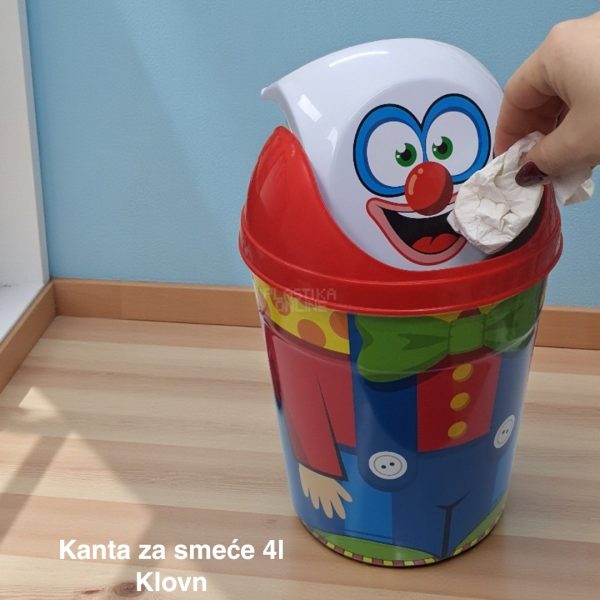 Kanta za smeće 4l , Kanta klatno dečija, Kanta za smeće za decu, Dečija kanta za smeće sa klatnom, Vesela kanta za decu, Kanta za odlaganje otpada, Praktična dečija kanta za smeće klovn