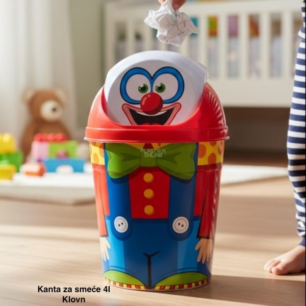 Kanta za smeće 4l , Kanta klatno dečija, Kanta za smeće za decu, Dečija kanta za smeće sa klatnom, Vesela kanta za decu, Kanta za odlaganje otpada, Praktična dečija kanta za smeće klovn