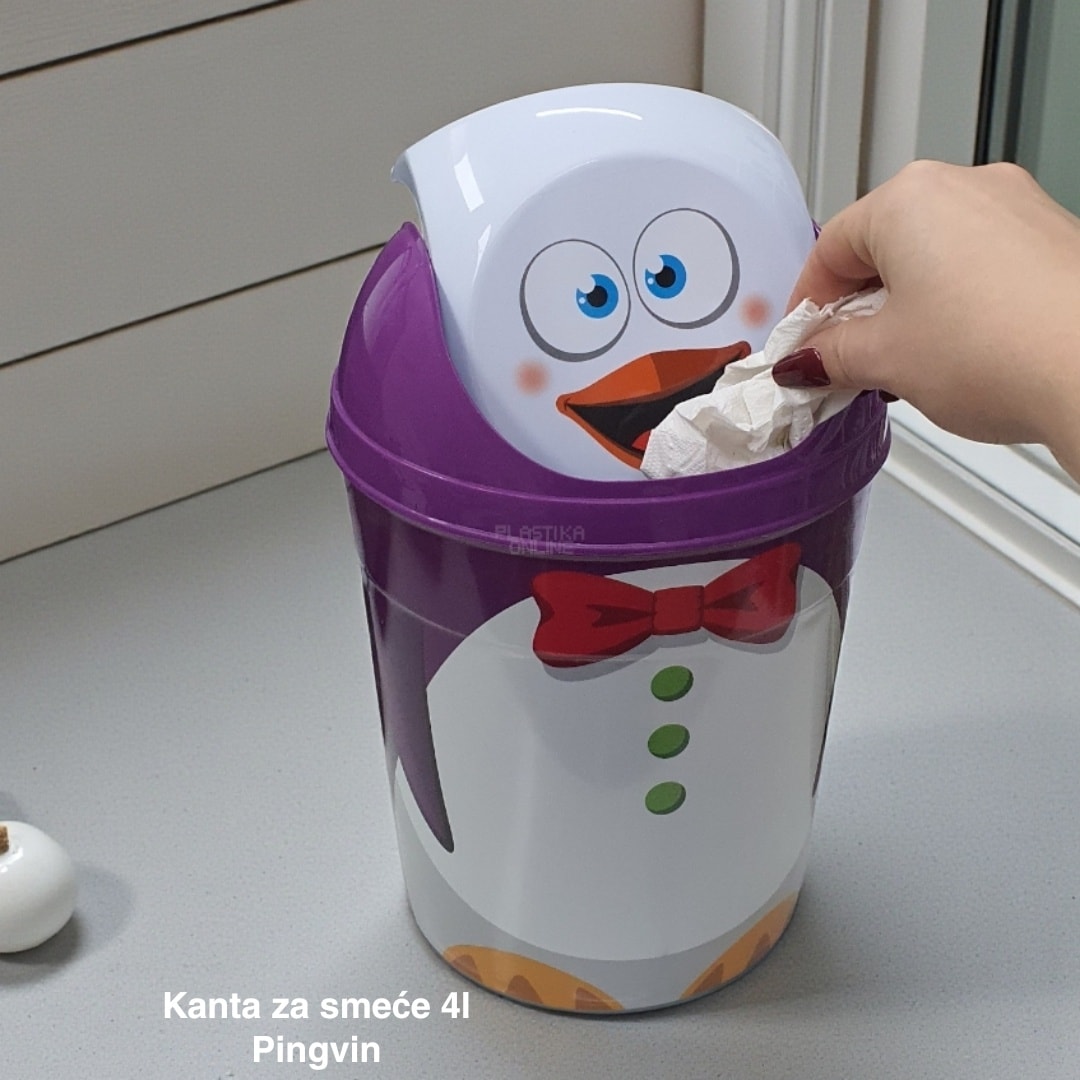 Kanta za smeće 4l , Kanta klatno dečija, Kanta za smeće za decu, Dečija kanta za smeće sa klatnom, Vesela kanta za decu, Kanta za odlaganje otpada, Praktična dečija kanta za smeće pingvin
