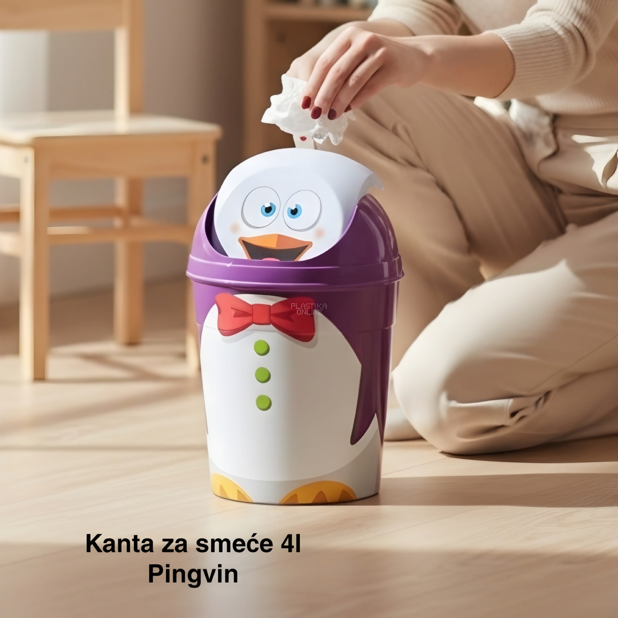 Kanta za smeće 4l , Kanta klatno dečija, Kanta za smeće za decu, Dečija kanta za smeće sa klatnom, Vesela kanta za decu, Kanta za odlaganje otpada, Praktična dečija kanta za smeće pingvin