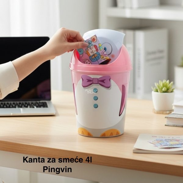 Kanta za smeće 4l , Kanta klatno dečija, Kanta za smeće za decu, Dečija kanta za smeće sa klatnom, Vesela kanta za decu, Kanta za odlaganje otpada, Praktična dečija kanta za smeće pingvin roze