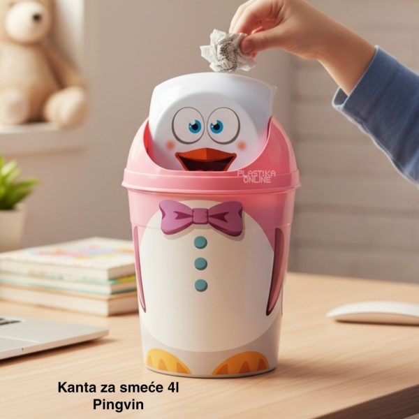 Kanta za smeće 4l , Kanta klatno dečija, Kanta za smeće za decu, Dečija kanta za smeće sa klatnom, Vesela kanta za decu, Kanta za odlaganje otpada, Praktična dečija kanta za smeće pingvin roze