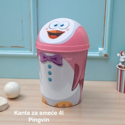 Kanta za smeće 4l , Kanta klatno dečija, Kanta za smeće za decu, Dečija kanta za smeće sa klatnom, Vesela kanta za decu, Kanta za odlaganje otpada, Praktična dečija kanta za smeće pingvin roze