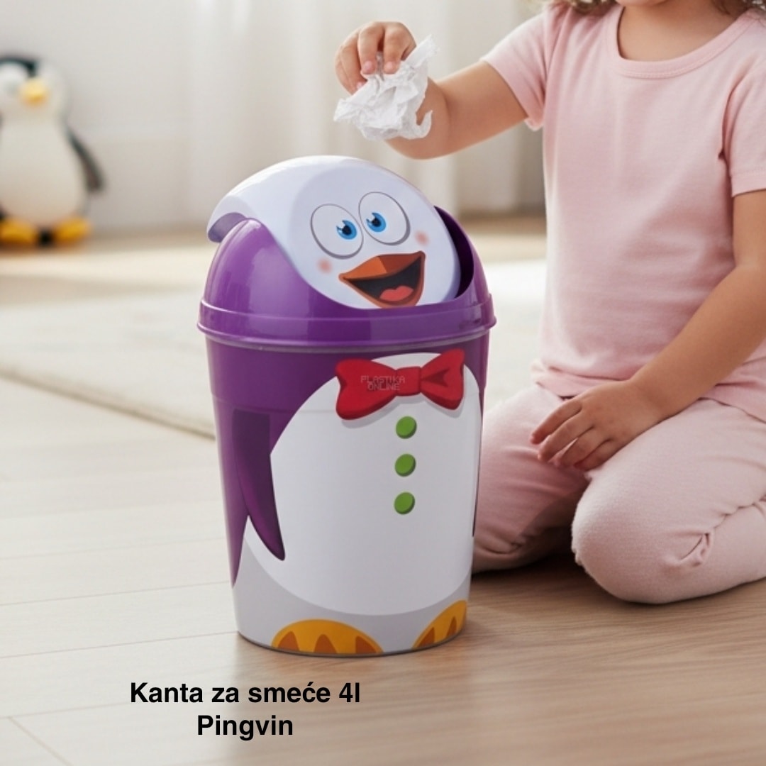 Kanta za smeće 4l , Kanta klatno dečija, Kanta za smeće za decu, Dečija kanta za smeće sa klatnom, Vesela kanta za decu, Kanta za odlaganje otpada, Praktična dečija kanta za smeće pingvin