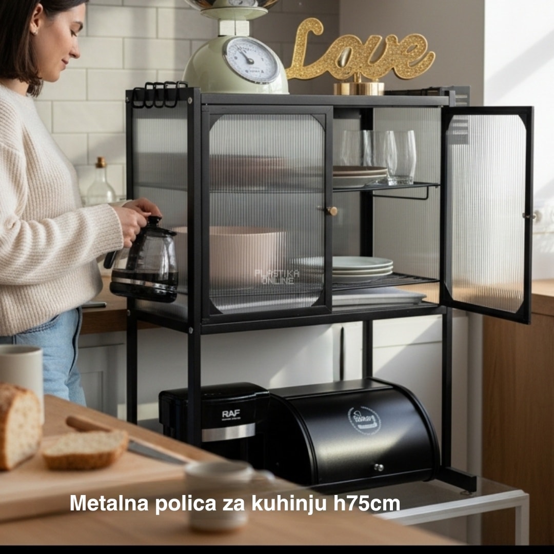 Metalna polica za kuhinju h75cm , plastična polica za kuhinju, kuhinjska polica sa vratancima, polica za mikrotalasnu, organizacija kuhinje, moderna kuhinjska polica
