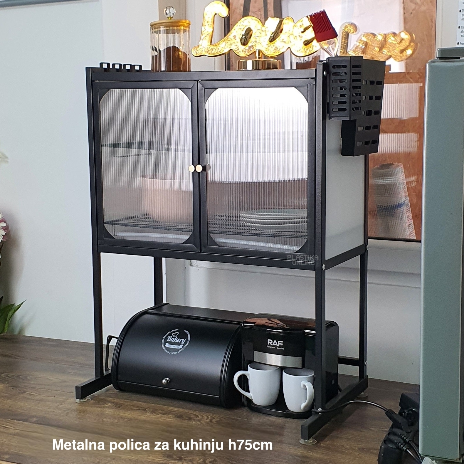 Metalna polica za kuhinju h75cm , plastična polica za kuhinju, kuhinjska polica sa vratancima, polica za mikrotalasnu, organizacija kuhinje, moderna kuhinjska polica
