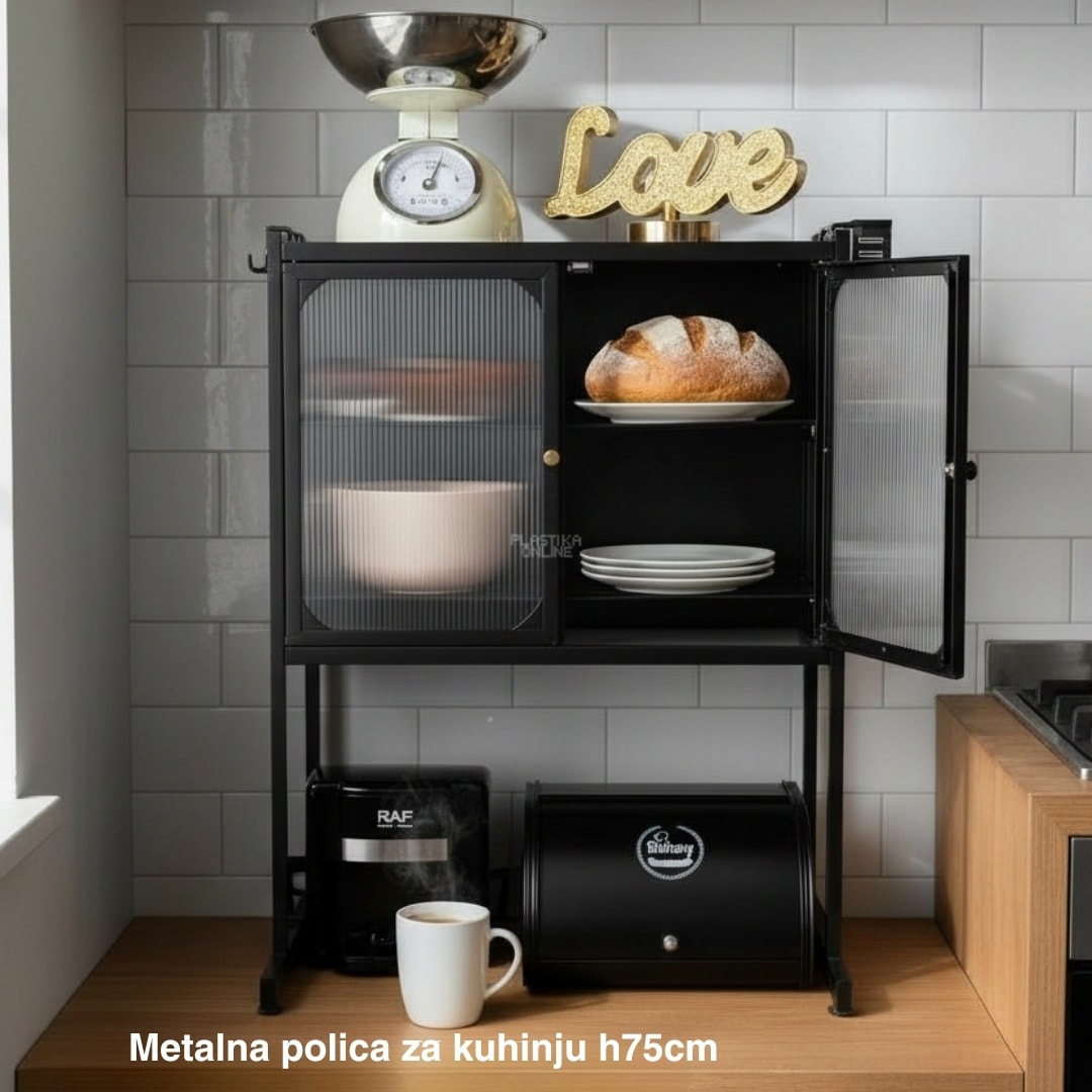 Metalna polica za kuhinju h75cm , plastična polica za kuhinju, kuhinjska polica sa vratancima, polica za mikrotalasnu, organizacija kuhinje, moderna kuhinjska polica