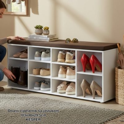 Drveni cipelarnik sa jastukom za sedenje 103,5x48x29,5cm beli