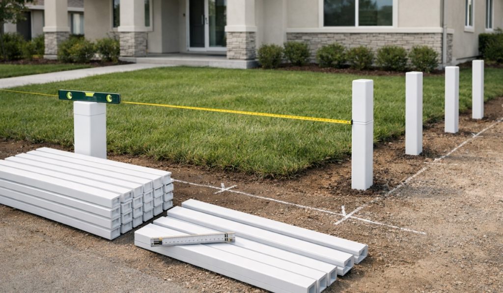 Merenje pozicija stubova i rasporeda PVC ograde u dvorištu ispred porodične kuće pre montaže