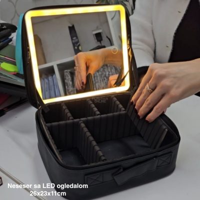 Neseser sa led ogledalom 26x23x11 cm, LED ogledalo sa tri jačine svetla, Stabilno ogledalo, neseser za šminku, Putni neseser sa LED ogledalom,