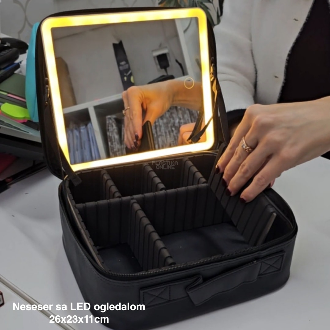 Neseser sa led ogledalom 26x23x11 cm, LED ogledalo sa tri jačine svetla, Stabilno ogledalo, neseser za šminku, Putni neseser sa LED ogledalom,