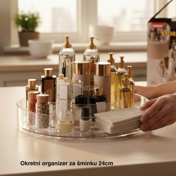 Okretni organizer za šminku 24 cm, okrugli organizer za šminku, plastični organizer za šminku, organizer sa 360 stepeni, organizer za toaletni sto