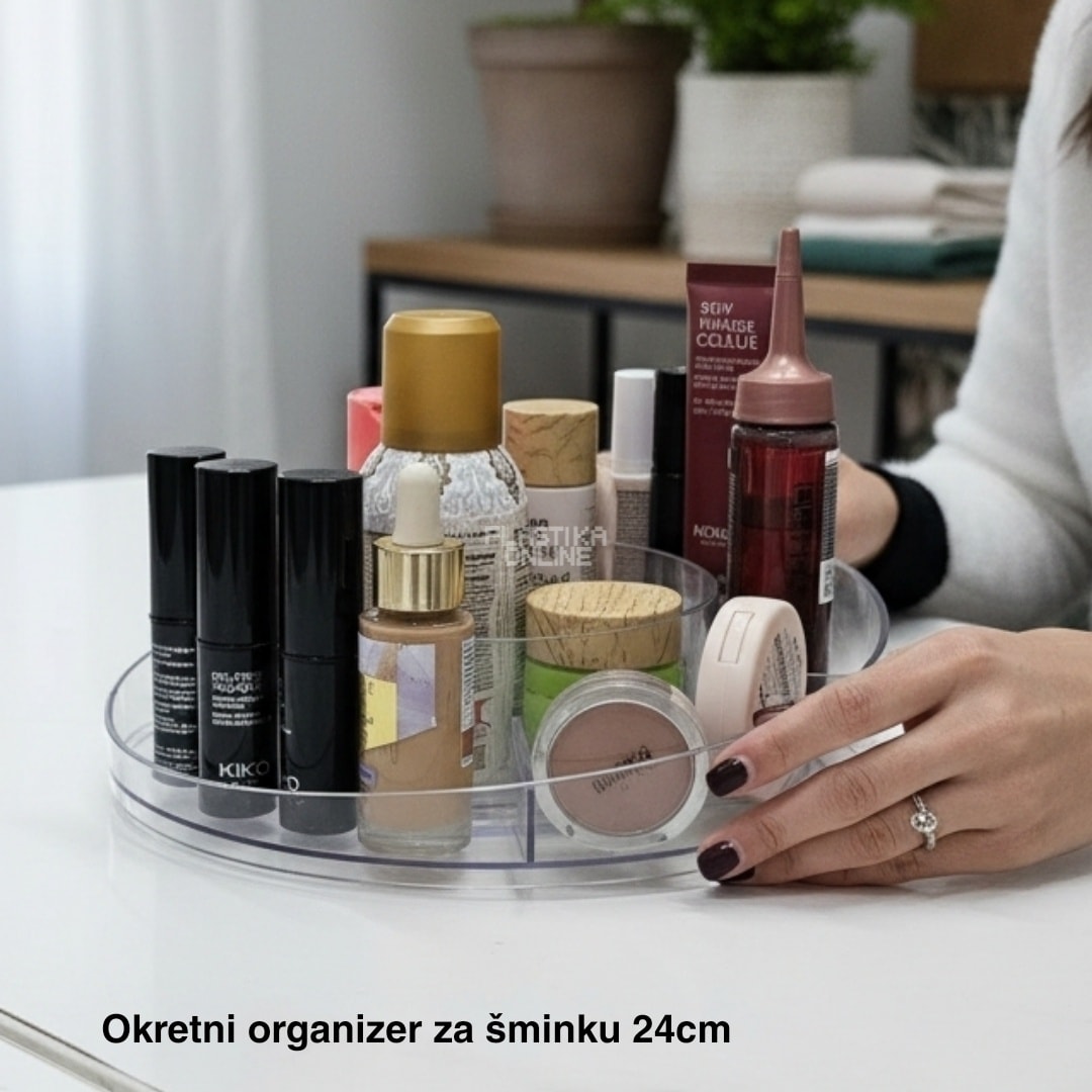 Okretni organizer za šminku 24 cm, okrugli organizer za šminku, plastični organizer za šminku, organizer sa 360 stepeni, organizer za toaletni sto