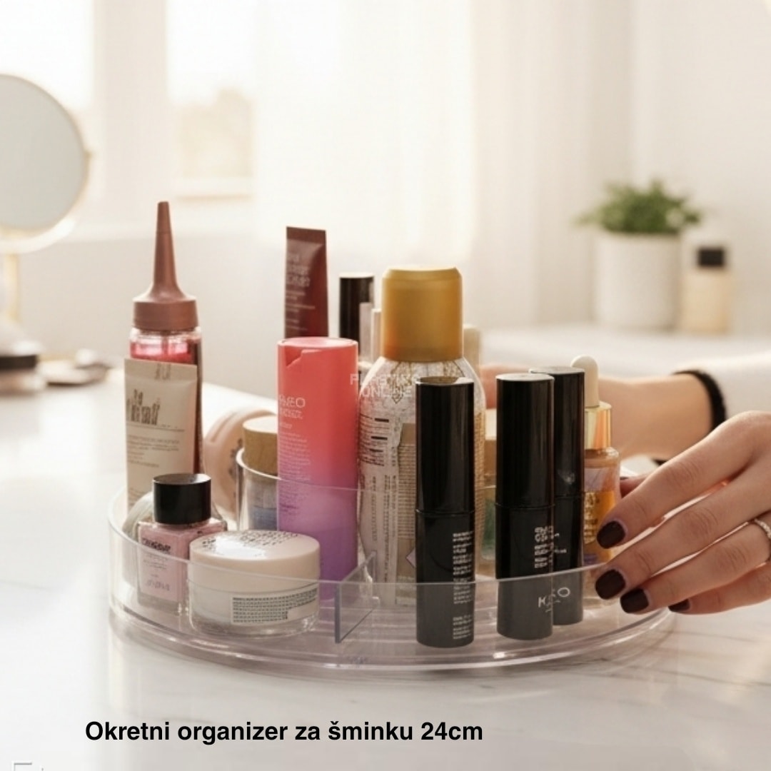 Okretni organizer za šminku 24 cm, okrugli organizer za šminku, plastični organizer za šminku, organizer sa 360 stepeni, organizer za toaletni sto