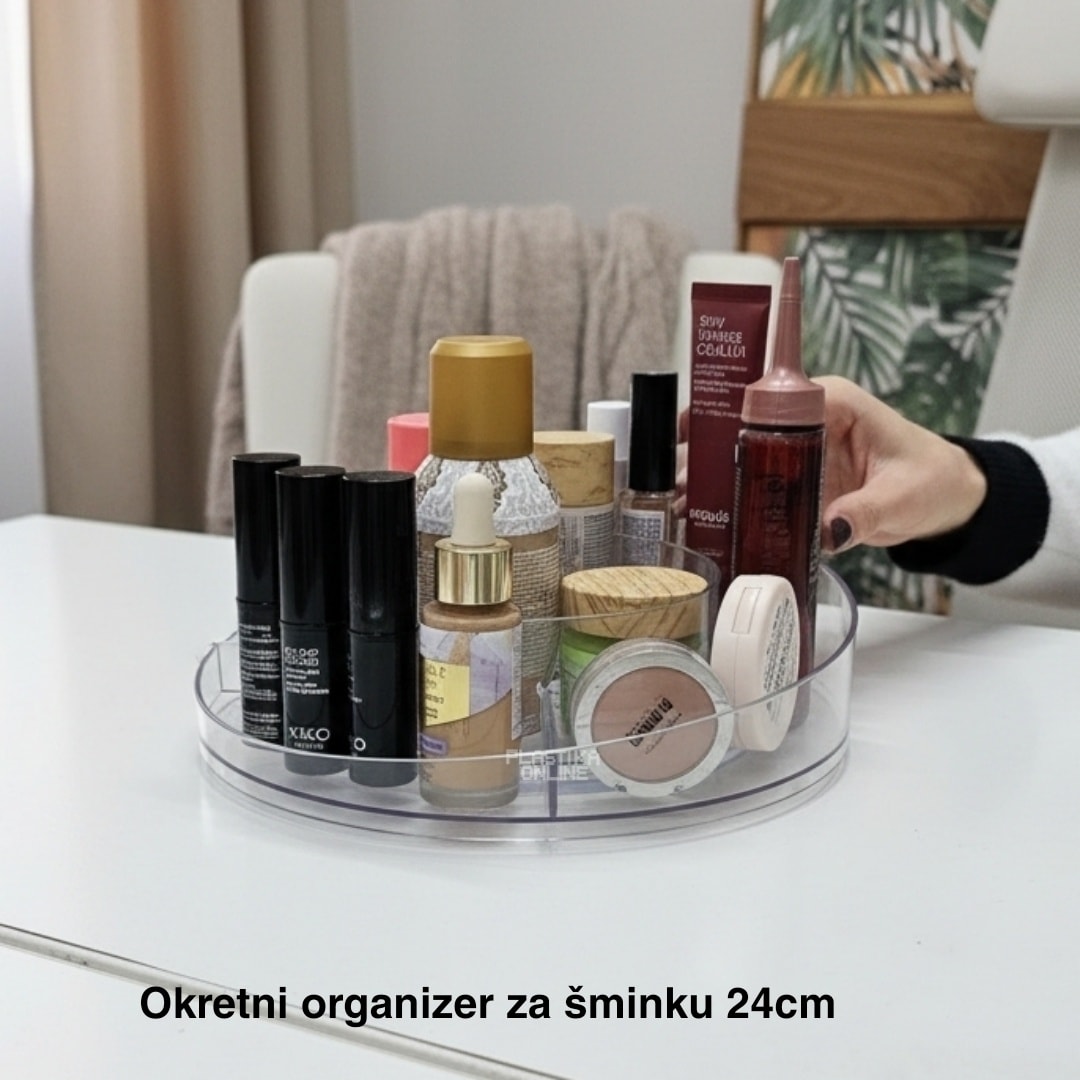 Okretni organizer za šminku 24 cm, okrugli organizer za šminku, plastični organizer za šminku, organizer sa 360 stepeni, organizer za toaletni sto