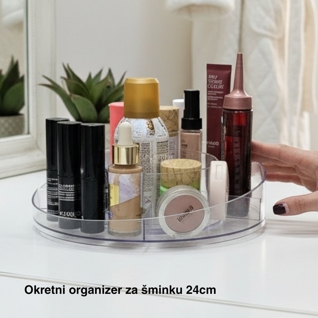 Okretni organizer za šminku 24 cm, okrugli organizer za šminku, plastični organizer za šminku, organizer sa 360 stepeni, organizer za toaletni sto