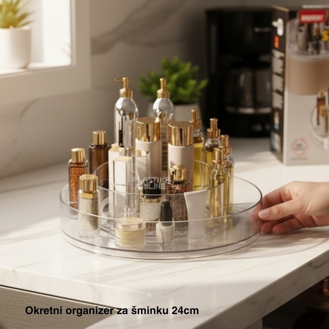 Okretni organizer za šminku 24 cm, okrugli organizer za šminku, plastični organizer za šminku, organizer sa 360 stepeni, organizer za toaletni sto
