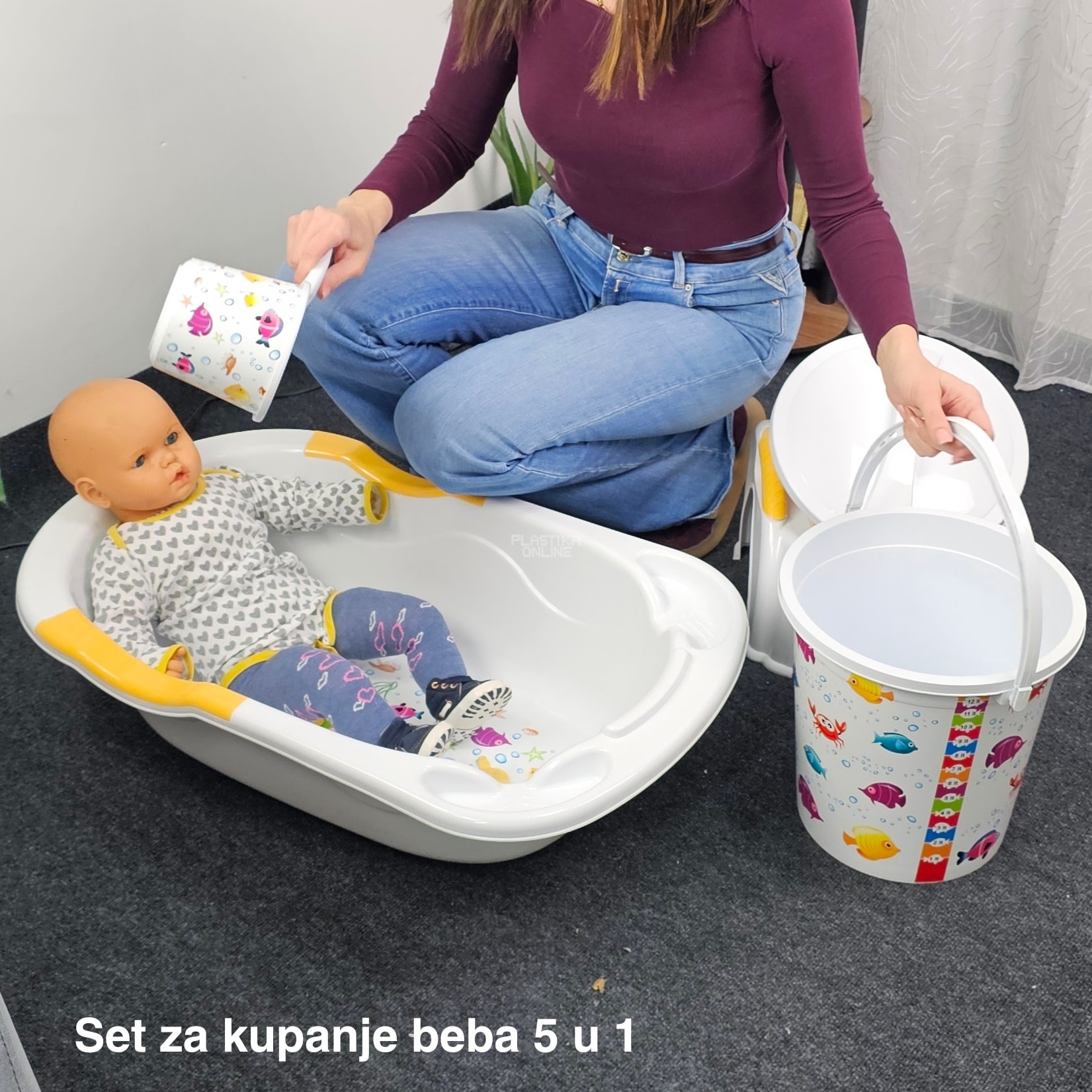 Set za kupanje beba CM700, Kadica za bebe, Mrežica za kupanje beba, Kofa za vodu 13L, Polivač za bebe, Noša za bebe beli