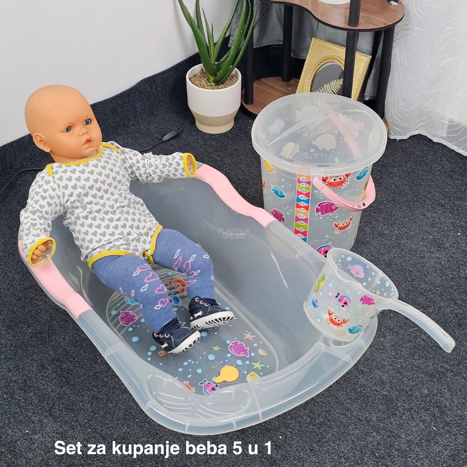 Set za kupanje beba CM700, Kadica za bebe, Mrežica za kupanje beba, Kofa za vodu 13L, Polivač za bebe, Noša za bebe providni