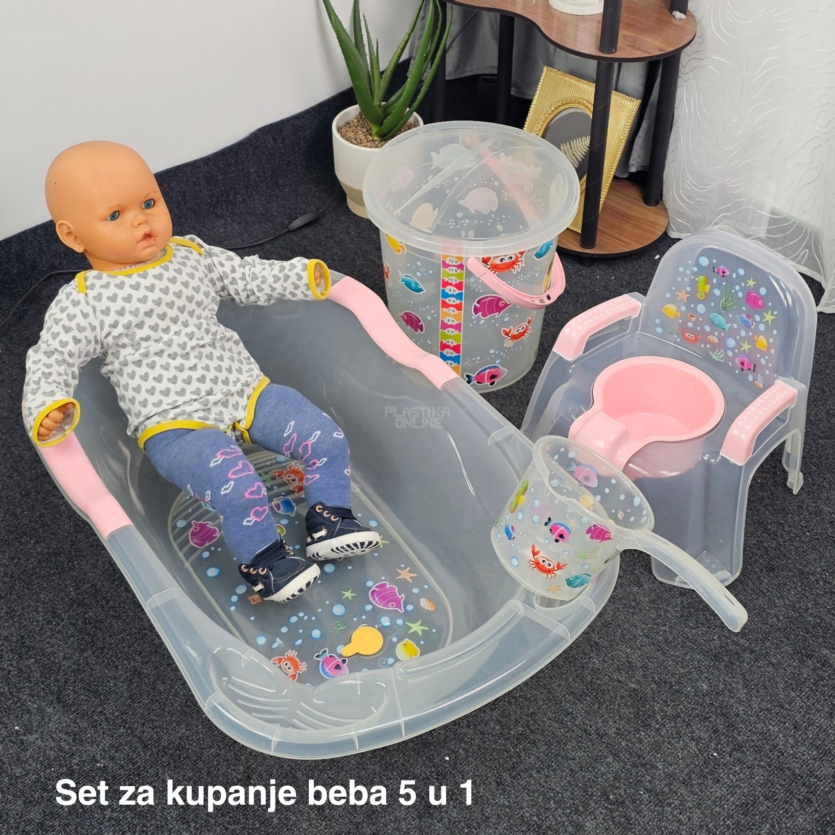 Set za kupanje beba CM700, Kadica za bebe, Mrežica za kupanje beba, Kofa za vodu 13L, Polivač za bebe, Noša za bebe providni
