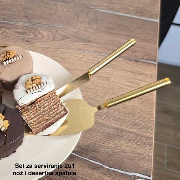 Set za serviranje torti i kolača 2 , Nož za sečenje torti i kolača, Desertna špatula za tortu, Zlatni set za tortu, Set za sečenje i serviranje torti, Pribor za tortu sa nazubljenom ivicom