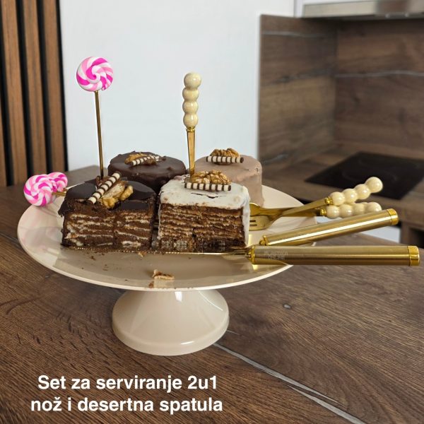 Set za serviranje torti i kolača 2 , Nož za sečenje torti i kolača, Desertna špatula za tortu, Zlatni set za tortu, Set za sečenje i serviranje torti, Pribor za tortu sa nazubljenom ivicom