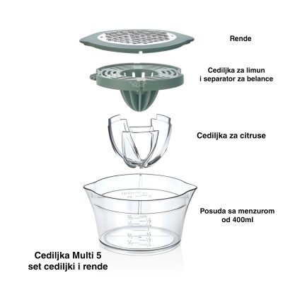 Cediljka Multi 5, Višenamenska cediljka za limun, Separator za jaja, Rende za kuhinju, Posuda sa menzurom, Kuhinjski set
