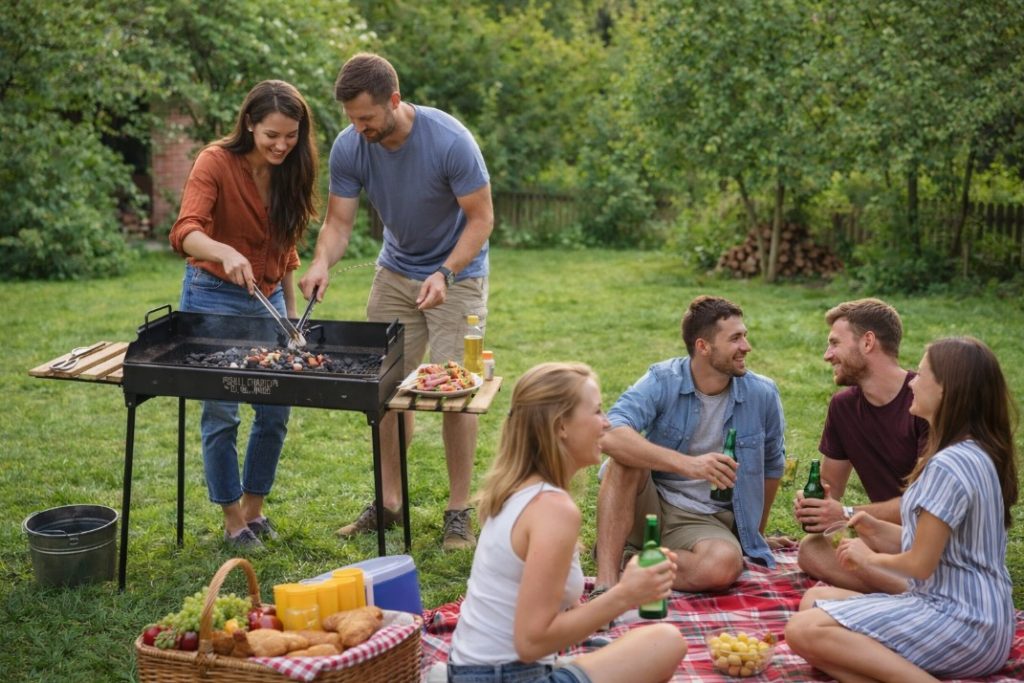 Društvo na pikniku u dvorištu dok dvoje priprema žar za roštilj