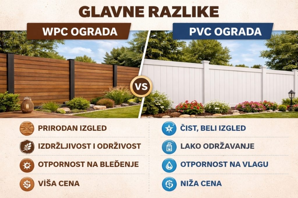 Infografik koji prikazuje glavne razlike između WPC ograde i PVC ograde, uključujući izgled, cenu, održavanje i otpornost materijala