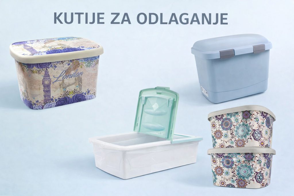Četiri različite plastične kutije za odlaganje u kataloškom prikazu na svetloj pastelnoj pozadini, uključujući dekorativne modele sa London i mandala printom, Uni box sa kopčama i FLEX kutiju sa savijajućim poklopcem