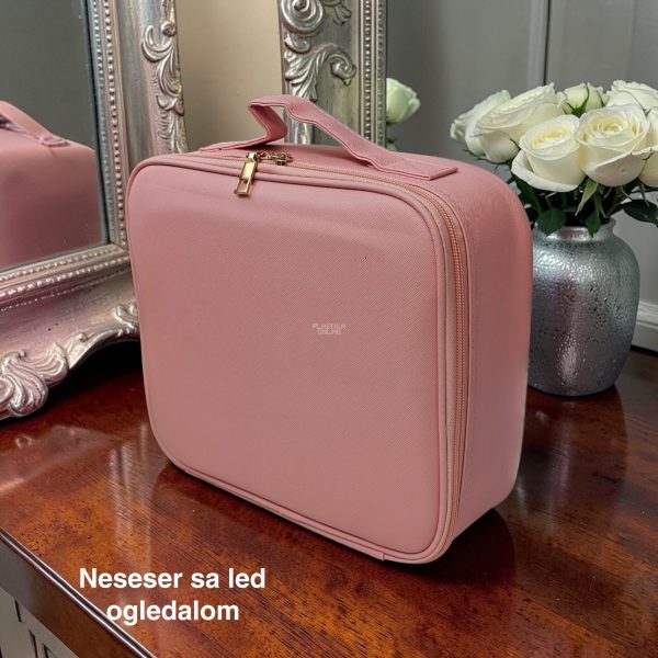 Neseser sa led ogledalom 26x23x11 cm, LED ogledalo sa tri jačine svetla, Stabilno ogledalo, neseser za šminku, Putni neseser sa LED ogledalom, roze