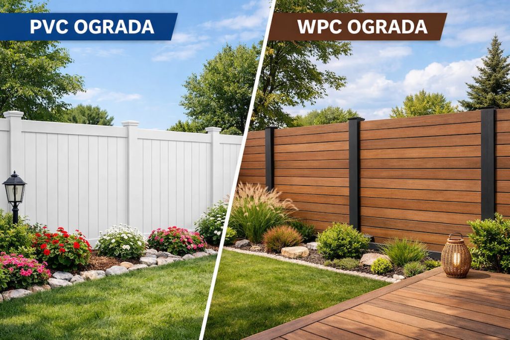 Uporedni prikaz PVC ograde i WPC ograde u uređenom dvorištu. Bela PVC ograda sa cvetnim lejama naspram moderne WPC ograde sa drvenim izgledom i terasom