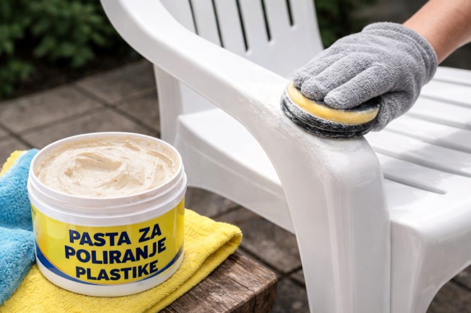Pasta za poliranje plastike u plastičnoj posudi dok se njome polira bela plastična stolica