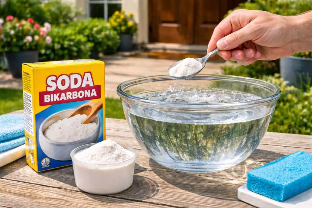 Priprema paste od sode bikarbone i vode za čišćenje baštenskog nameštaja