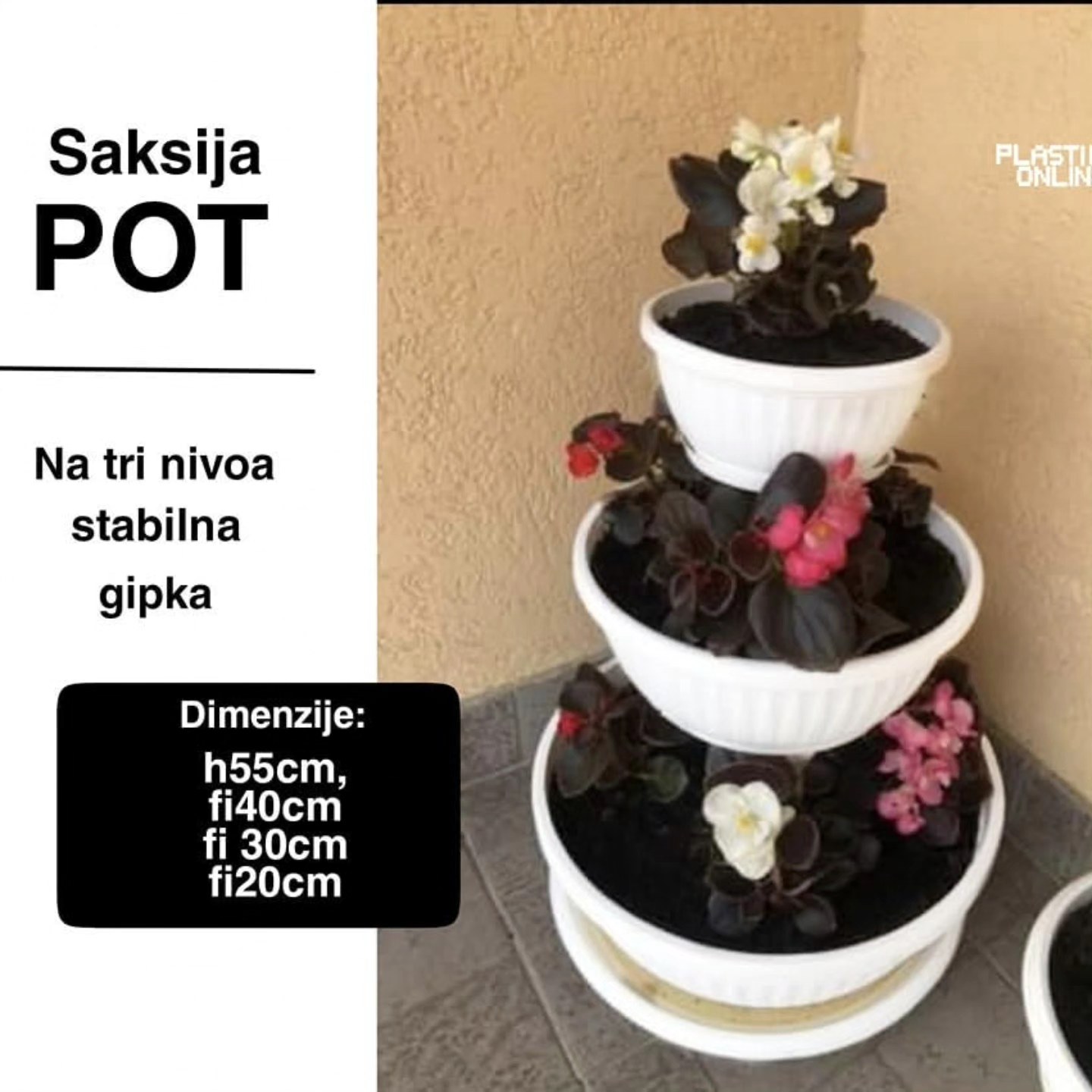 Saksija na 3 nivoa POT , Neobične saksije za cveće, Okrugle saksije, Plastične saksije za jagode, Saksije i Bašta, Saksije za cveće, Saksije za dvorište, Saksije za terasu bela