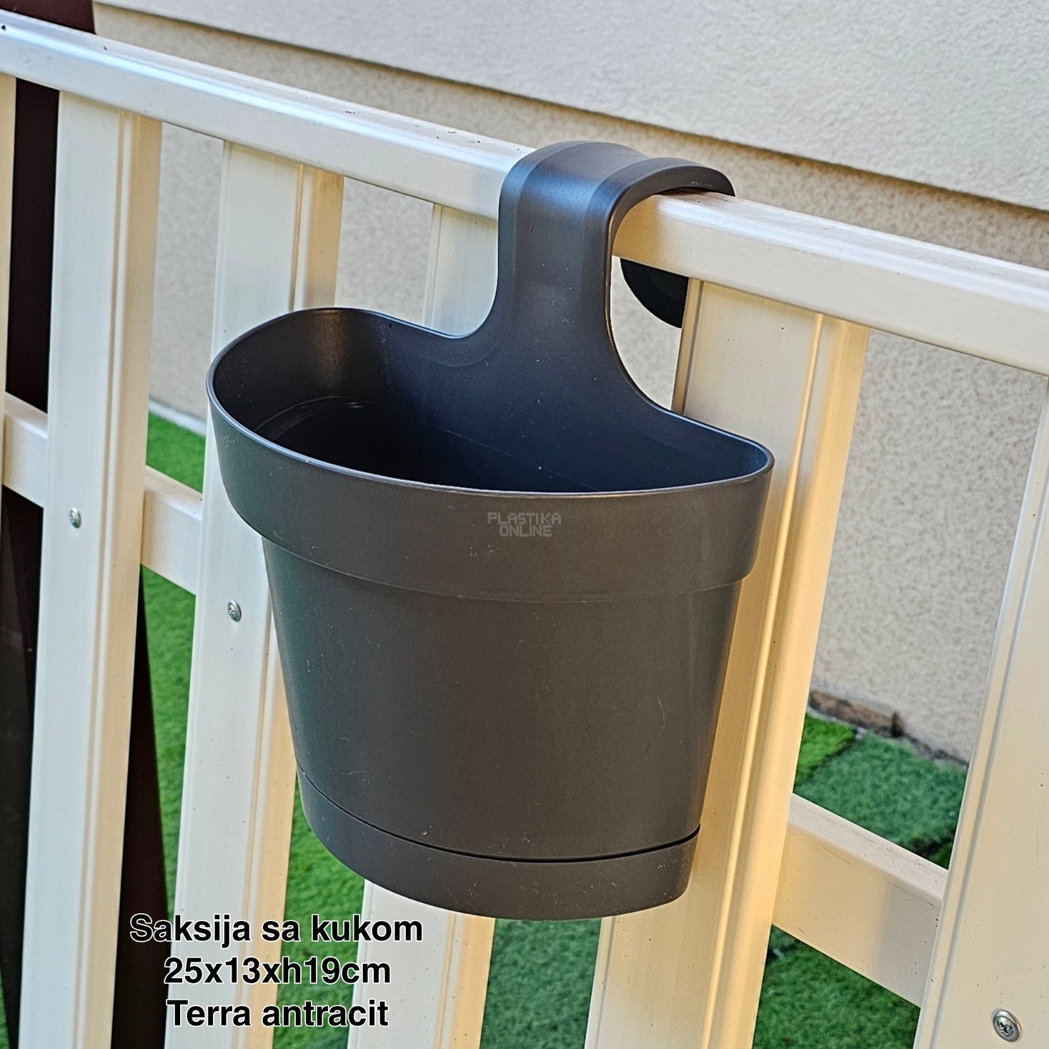 Saksija sa kukom 25x13xh19cm, Idealna saksija, Saksija za balkon, Plastična saksija za cveće, Saksija za ogradu, Balkonska saksija sa kukom, Saksija sa kukom