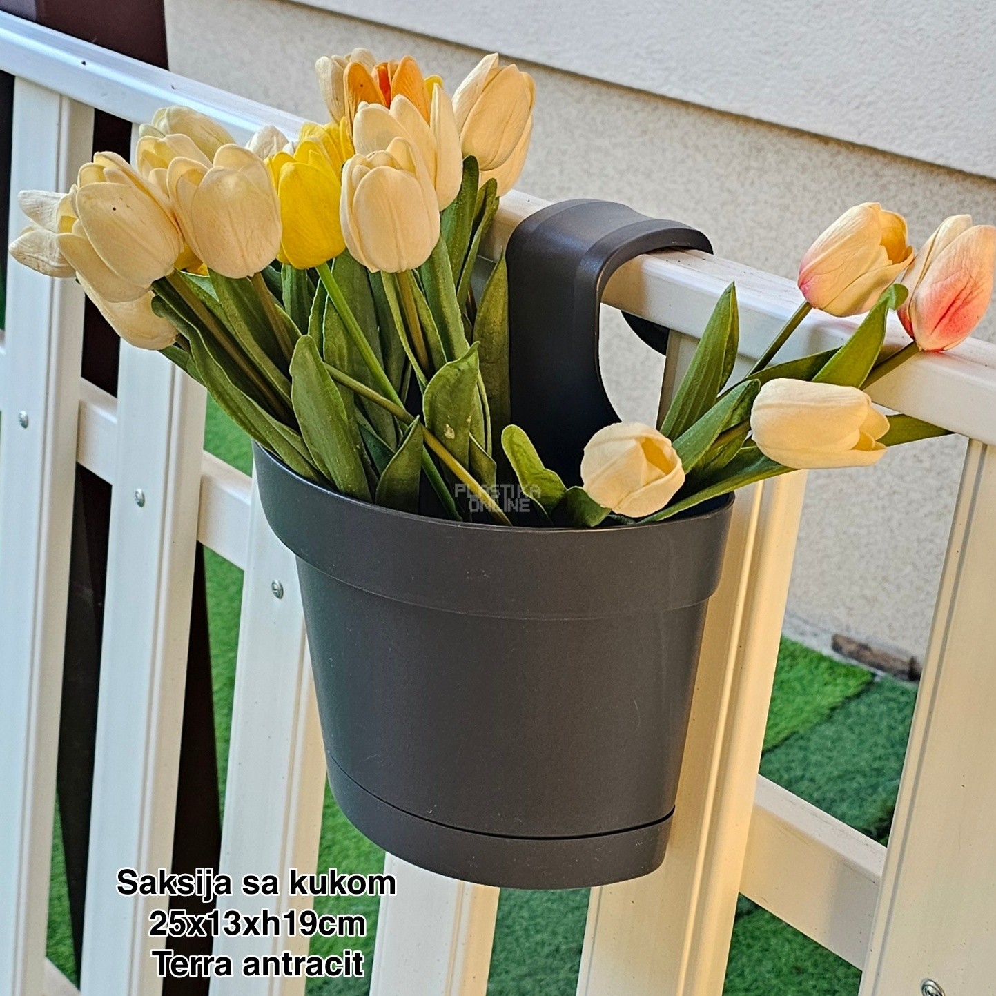 Saksija sa kukom 25x13xh19cm, Idealna saksija, Saksija za balkon, Plastična saksija za cveće, Saksija za ogradu, Balkonska saksija sa kukom, Saksija sa kukom