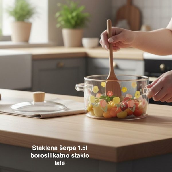 Staklena šerpa 1.5l, Staklena šerpa od borosilikatnog stakla, Šerpa sa poklopcem, Šerpa za zdravo kuvanje