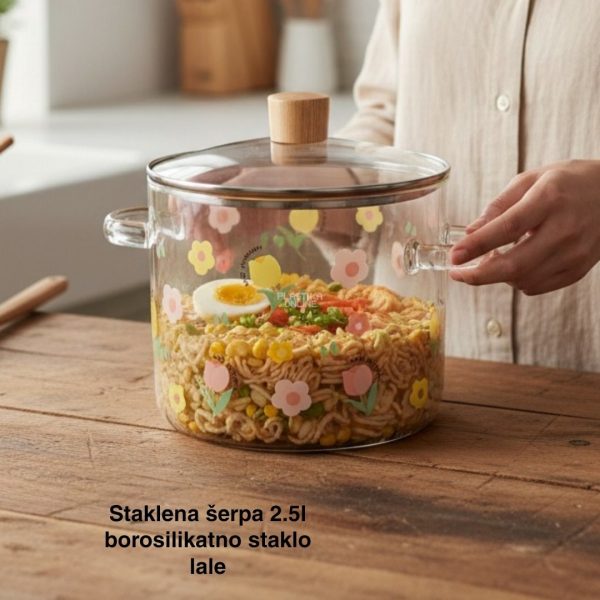Staklena šerpa 2.5l, Staklena šerpa od borosilikatnog stakla, Šerpa sa poklopcem, Šerpa za zdravo kuvanje