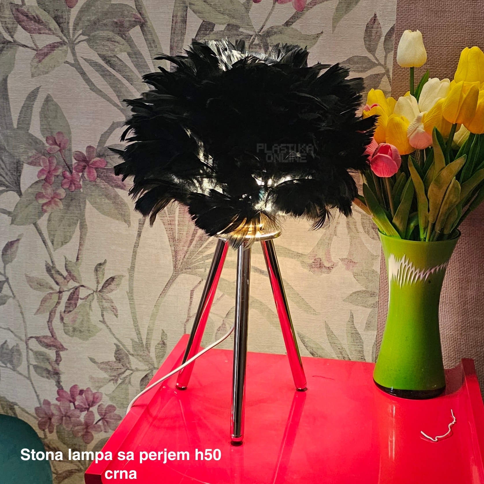 Stona lampa sa perjem H50, stone lampe, Ambijentalno svetlo crna