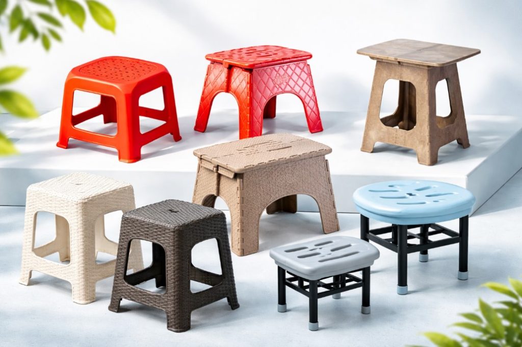 Set različitih plastičnih hoklica u katalog stilu na svetloj pozadini, uključujući klasične, sklopive i ratan modele u više boja