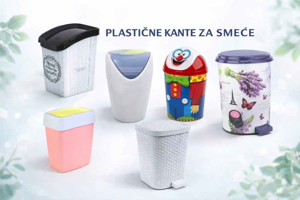 Katalog slika plastičnih kanti za smeće na svetloj pozadini, prikazuje šest različitih modela: dekorativnu pravougaonu kantu, malu kantu sa klatnom, dečiju kantu sa motivom klovna, kantu sa lavanda printom, pastelnu kantu sa poklopcem i veću kantu sa pedalom.